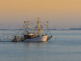 Fishing trawler with fishing nets, Buesum, North Sea, Schleswig-Holstein, Germany